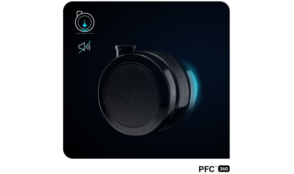 Fotel DIABLO CHAIRS X-Player 2.0 (S) Karmazynowo-antracytowy zblżenie na kółko ikona przekreślonego głośnika kółka PFC 360 kauczukowa powłoka cicha praca ochrona podłogi