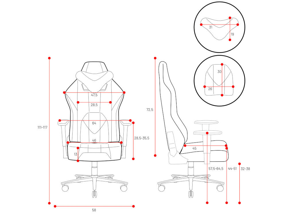 Fotel DIABLO CHAIRS X-Player 2.0 (S) Karmazynowo-antracytowy prezentacja fotela od przodu i od boku na białym tle z wymiarami wygodna pozycja wsparcie pleców regulacja dopasowanie do różnych sylwetek