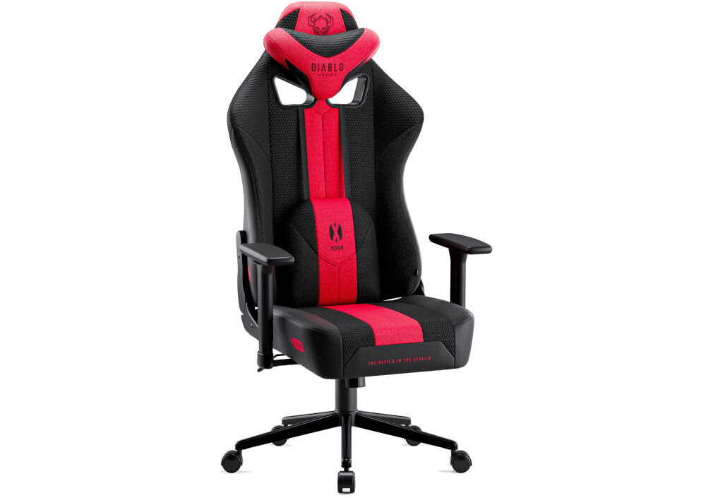 Fotel DIABLO CHAIRS X-Player 2.0 (S) Karmazynowo-antracytowy prezentacja fotela od przodu pod kątem na białym tle dopasowany do wzrostu od 125 do 155 cm komfort ergonomia właściwe podparcie prawidłowa postawa