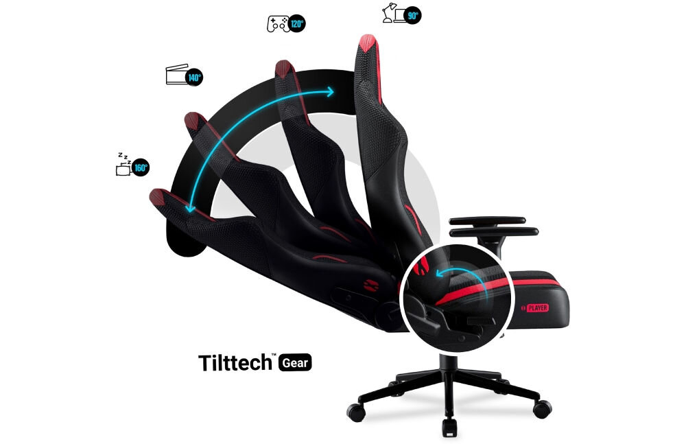 Fotel DIABLO CHAIRS X-Player 2.0 (S) Karmazynowo-antracytowy prezentacja możliwego wychylenia oparcia na białym tle ikonki z czynnościami mechanizm Tilttech Gear regulacja oparcia