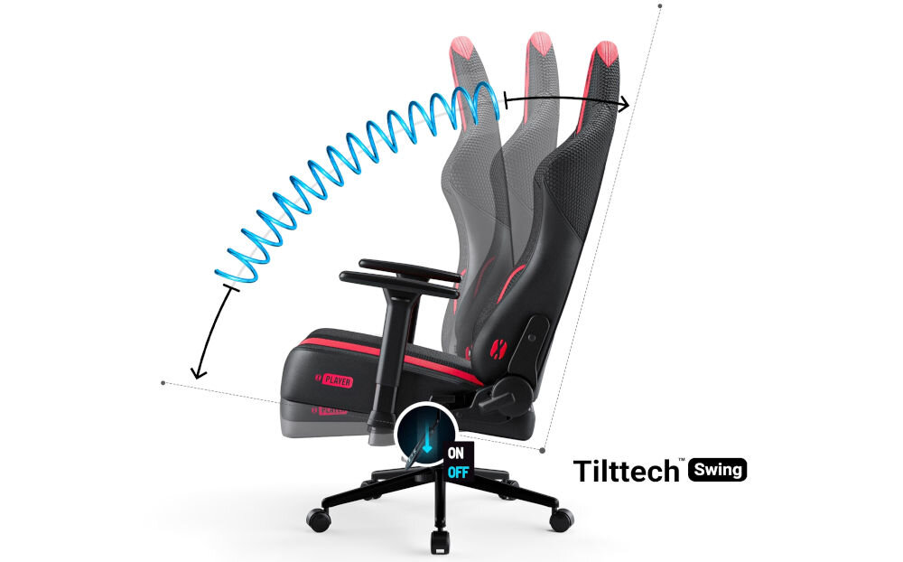 Fotel DIABLO CHAIRS X-Player 2.0 (S) Karmazynowo-antracytowy prezentacja możliwości bujania na białym tle funkcja bujania Tilttech Swing relaks