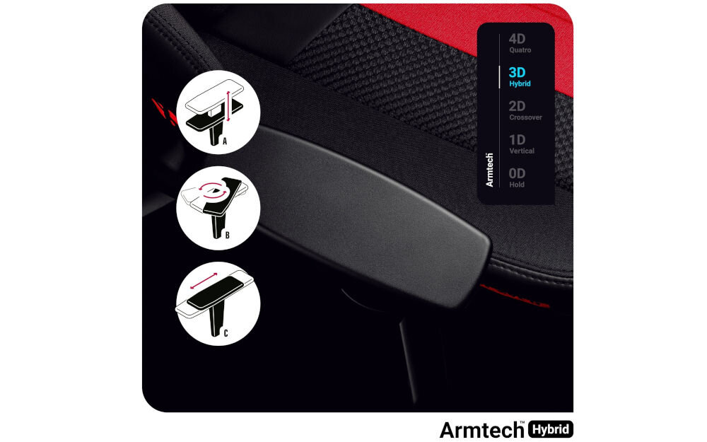 Fotel DIABLO CHAIRS X-Player 2.0 (S) Karmazynowo-antracytowy zbliżenie na podłokietnik fotela z ikonami możliwej regulacji Armtech Hybrid podłokietniki regulacja 3D komfort