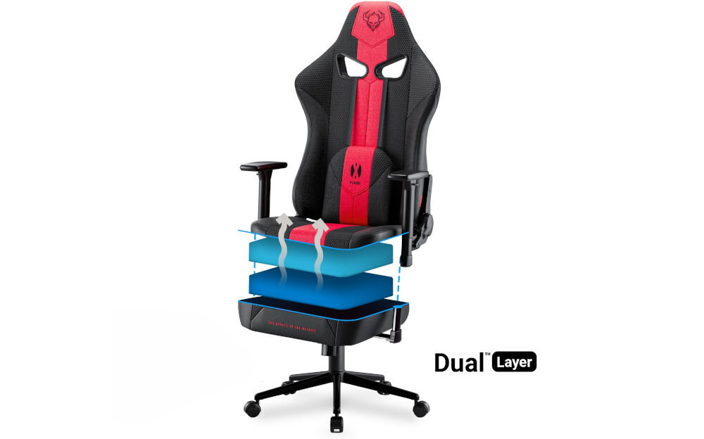 Fotel DIABLO CHAIRS X-Player 2.0 (S) Karmazynowo-antracytowy prezentacja warstwa zastosowanych w siedzisku na białym tle miękka pianka HR Dual Layer siedzisko wygoda
