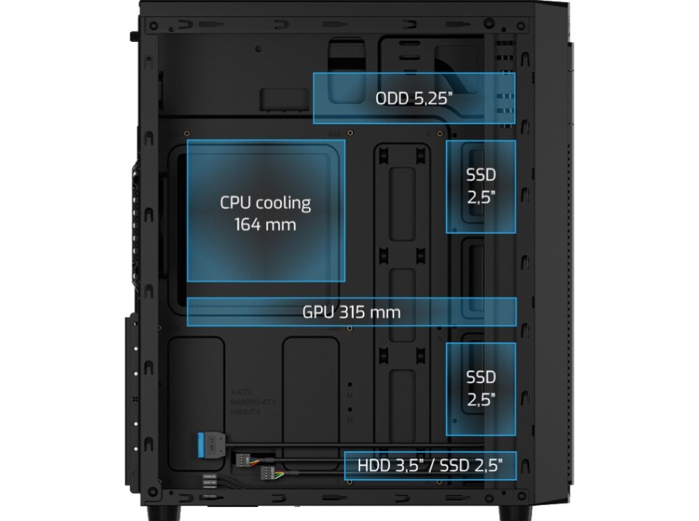 Obudowa NATEC Aracanta Wnętrze obudowy komputerowej z oznaczeniami przestrzeni dla chłodzenia procesora, karty graficznej, dysków SSD i HDD oraz napędu ODD, miejsce na dyski