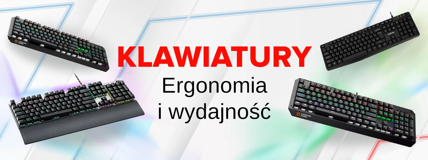 Obraz przedstawia cztery klawiatury marki Canyon z podświetleniem RGB na tle z napisem \'KLAWIATURY Ergonomia i wydajność\'.