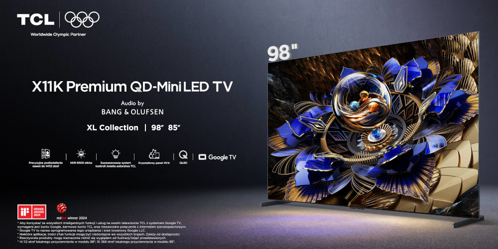 Telewizor TCL 98X11K - Obraz pełen doznań, telewizor pod skosem na ciemnym tle