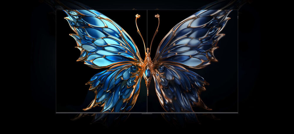 Telewizor TCL 75P89K - Wysoki kontrast, Panel HVA, zużywa mało energii, zerokie kąty widzenia, szlany motyl na czarnym tle, ramka telewizora