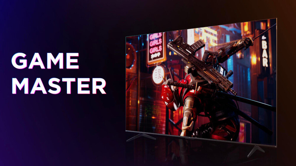 Telewizor TCL 75V6C - HDMI 2.1 ALLM VRR Game Bar, responsywna gra, telewizor po skosie na ciemnym tle, gra wideo włączona na telewizorze