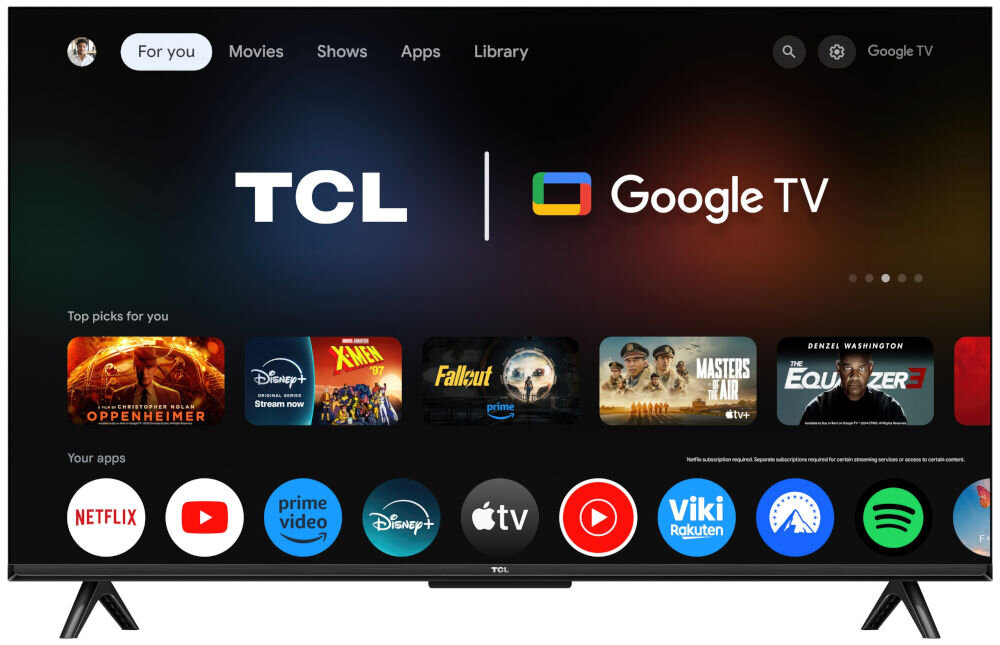 Telewizor TCL 55V6C - AiPQ Pro, AI obraz, regulacja piksela, telewizor od frontu na białym tle