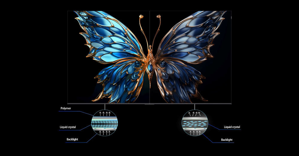 Telewizor TCL 50V6C - HVA, wyraźny kontrast, energooszczędność, szklany niebieski motyl na czarnym tle