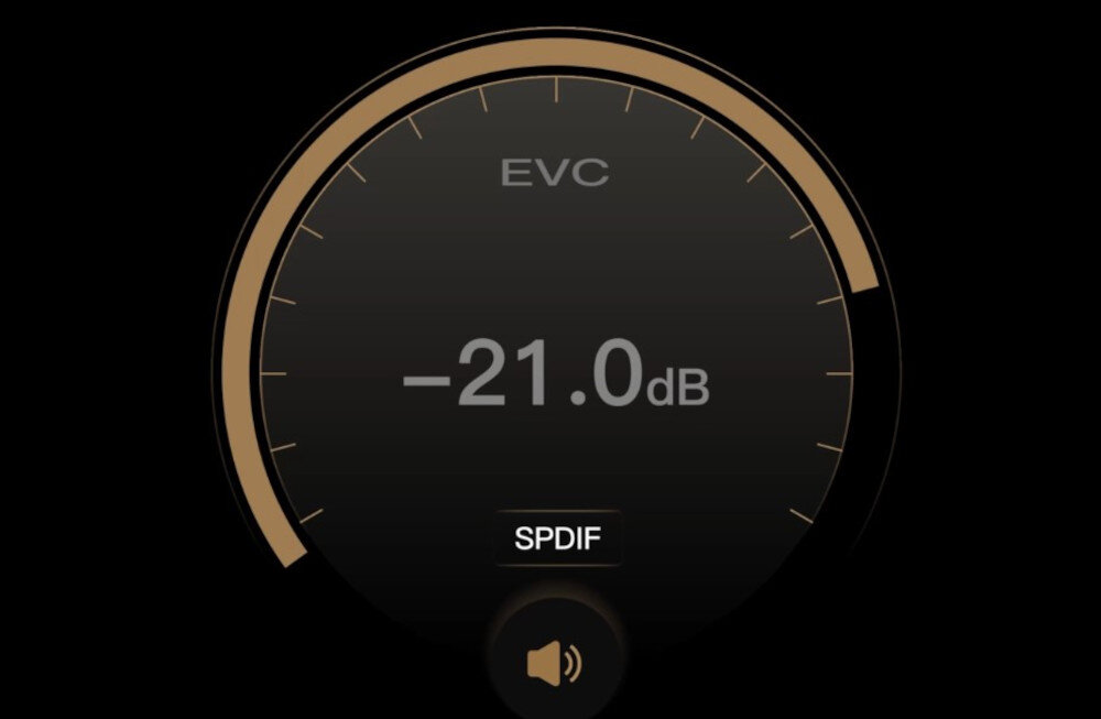 Streamer odtwarzacz sieciowy EVERSOLO DMP-A6 Master Edition Gen 2 -  Silnik wyjściowy EVC, regulacja poziomu głośności, zegar silnika EVC na czarnym tle