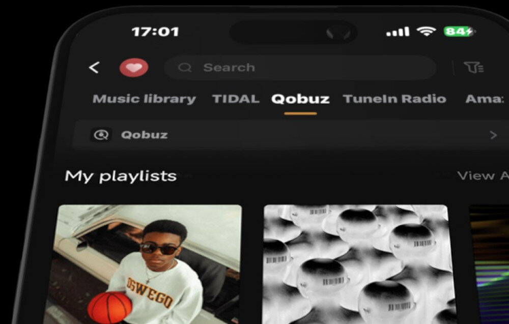 Streamer odtwarzacz sieciowy EVERSOLO DMP-A6 Master Edition Gen 2 - Wielka różnorodność muzyczna, TIDAL, Qobuz, Highresaudio, Presto Music i Radio Paradise, formaty DSD, MQA, FLAC, APE, WAV, kadr telefonu z włączonymi platformami muzycznymi