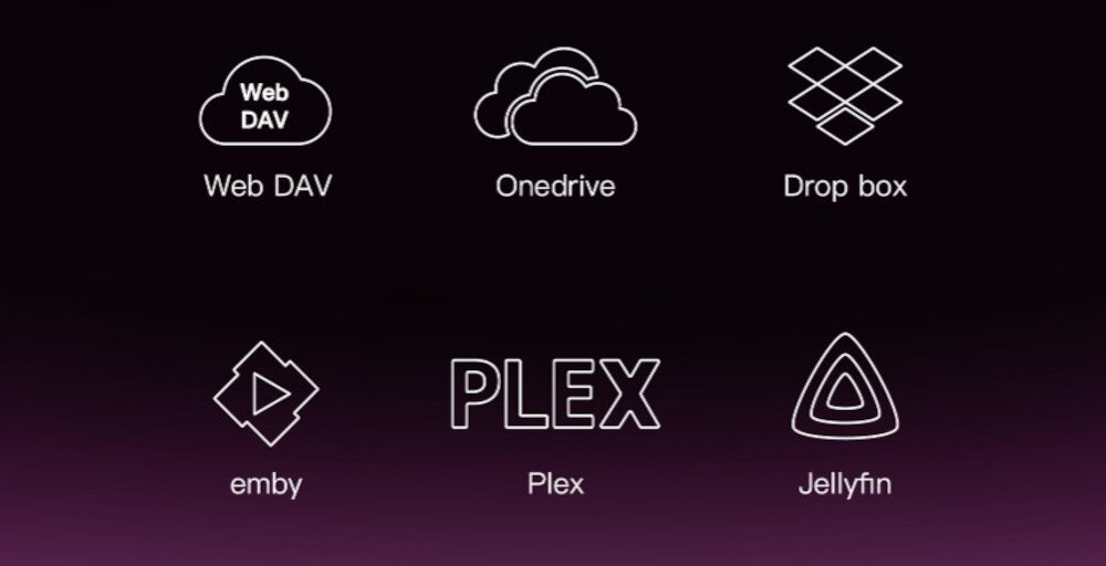 Streamer odtwarzacz sieciowy EVERSOLO DMP-A6 Master Edition Gen 2 - Protokół udostępniania plików, loga aplikacji na ciemnym tle