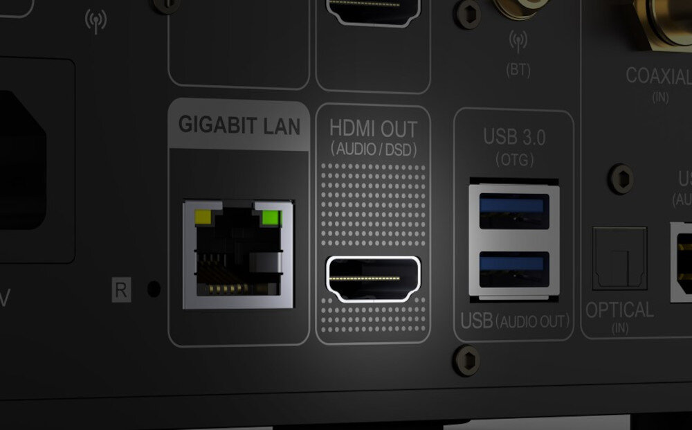 Streamer odtwarzacz sieciowy EVERSOLO DMP-A6 Master Edition Gen 2 - złącza i integracja audio, HDMI 5.1, HDMI ARC, TRIGGER, kadr tyłu urządzenia ukazujące złącza