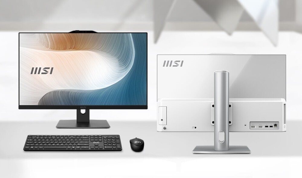 Komputer MSI Modern AM272P 1M-848EU Biały komputer typu All-in-One z klawiaturą i myszką oraz widok jego tylnej obudowy, opis