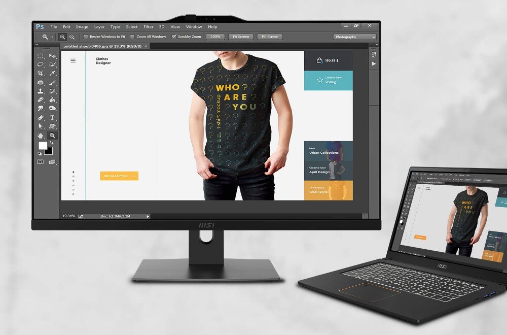 Komputer MSI Modern AM272P 1M-848EU Stanowisko z monitorem i laptopem obsługującymi ten sam projekt w programie graficznym, niezależny monitor, porty, podłączenie