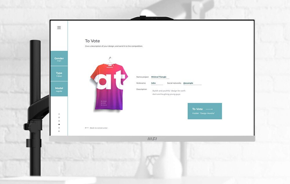 Komputer MSI Modern AM272P 1M-848EU Monitor ustawiony w pozycji pionowej na uchwycie biurkowym wyświetlający aplikację, montaż VESA