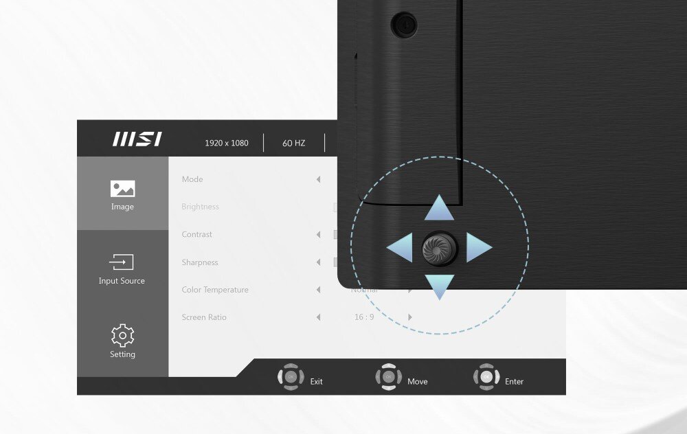 Komputer MSI Modern AM272P 1M-848EU Zbliżenie na tylny panel monitora z przyciskiem nawigacyjnym w formie joysticka, kontroler, obsługa