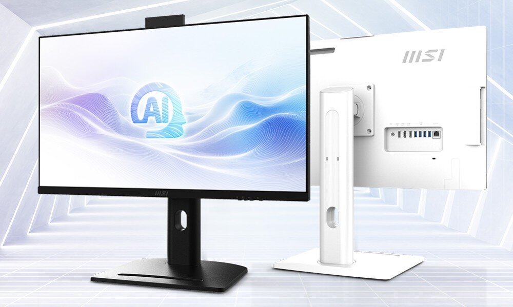 Komputer MSI Modern AM273QP AI 1UM-078EU Dwa komputery All-in-One, jeden czarny widoczny od przodu z grafiką AI na ekranie, drugi biały widoczny od tyłu, opis