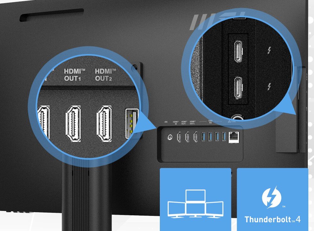 Komputer MSI Modern AM273QP AI 1UM-078EU Zbliżenie na tylny panel portów z wyróżnionymi w powiększeniu złączami HDMI oraz Thunderbolt 4, porty, łączność, karta sieciowa