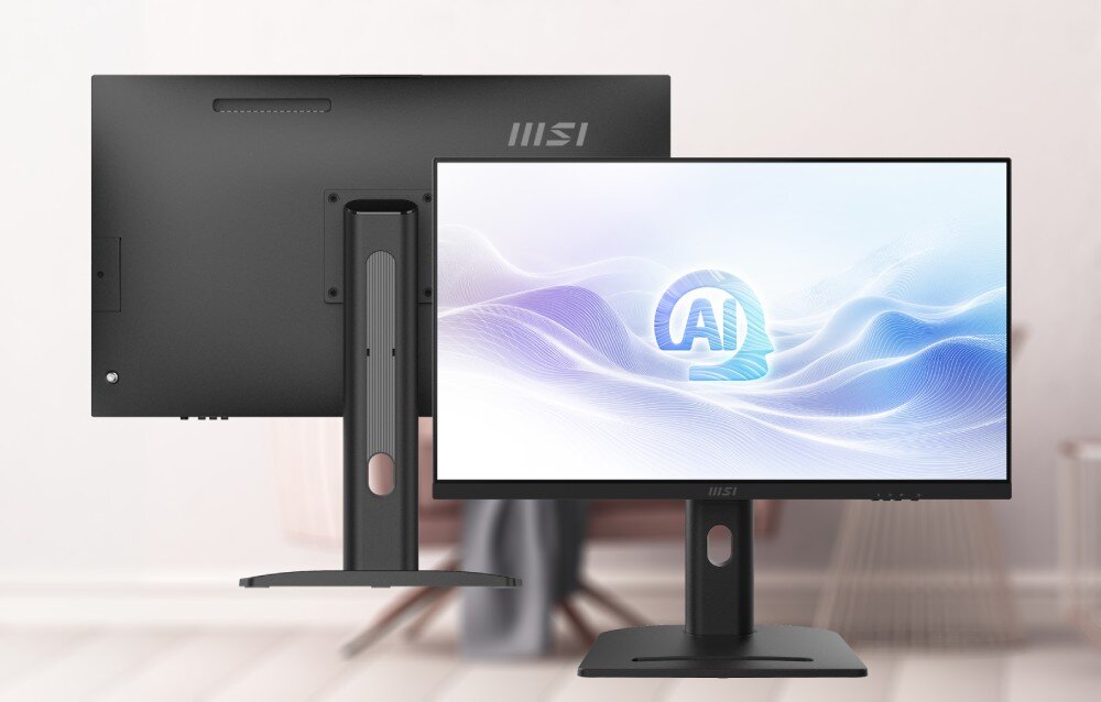 Komputer MSI Modern AM273QP AI 1UM-078EU Komputer All-in-One widoczny od strony tylnej obudowy oraz drugi od przodu, typ, procesor, asystent Copilot, wielkość