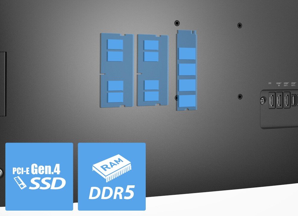 Komputer MSI Modern AM273QP AI 1UM-078EU Schemat tylnej części obudowy z wizualizacją lokalizacji slotów na pamięć RAM DDR5 oraz dysk SSD Gen 4, dysk, pojemność, interfejs, pamięć