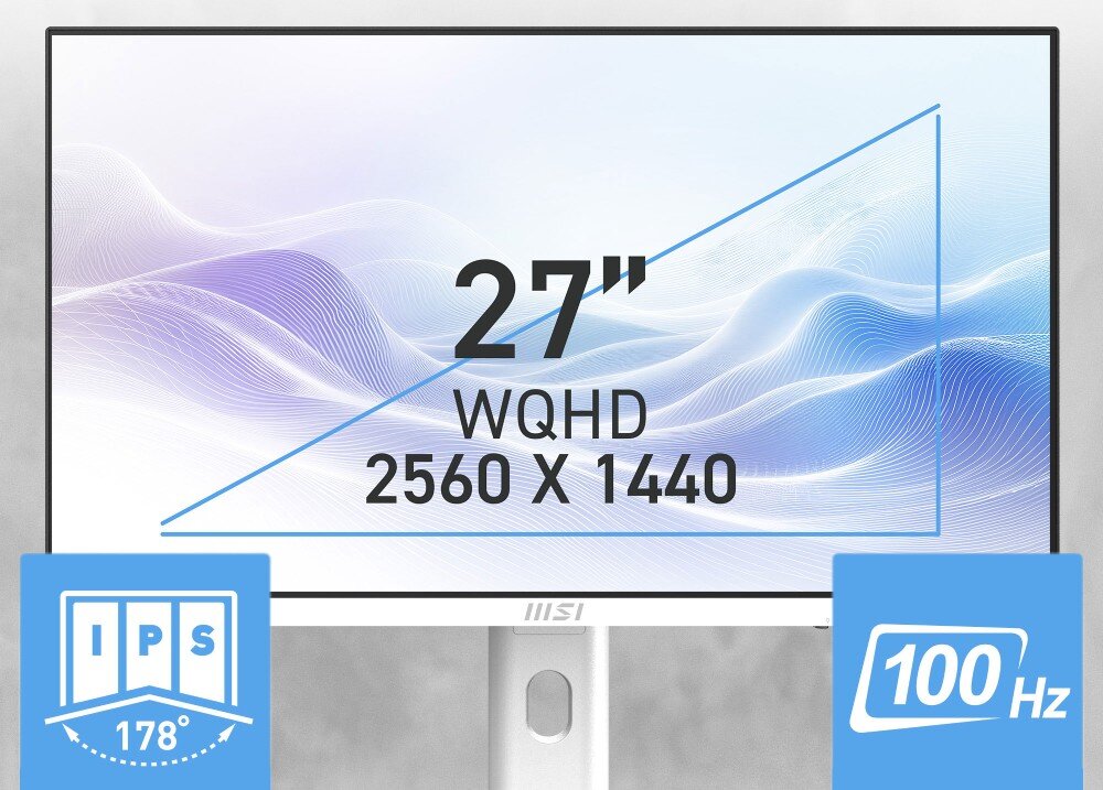 Komputer MSI Modern AM273QP AI 1UM-078EU Front monitora z naniesionymi wymiarami przekątnej 27 cali oraz oznaczeniami rozdzielczości WQHD i odświeżania 100Hz, ekran, przekątna, rozdzielczość