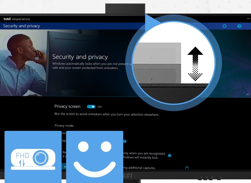 Komputer MSI Modern AM273QP AI 1UM-078EU Górna krawędź monitora z wysuwaną kamerą internetową oraz wizualizacja funkcji ochrony prywatności i automatycznego blokowania ekranu, kamera, chowanie obiektywu, logowanie biometryczne