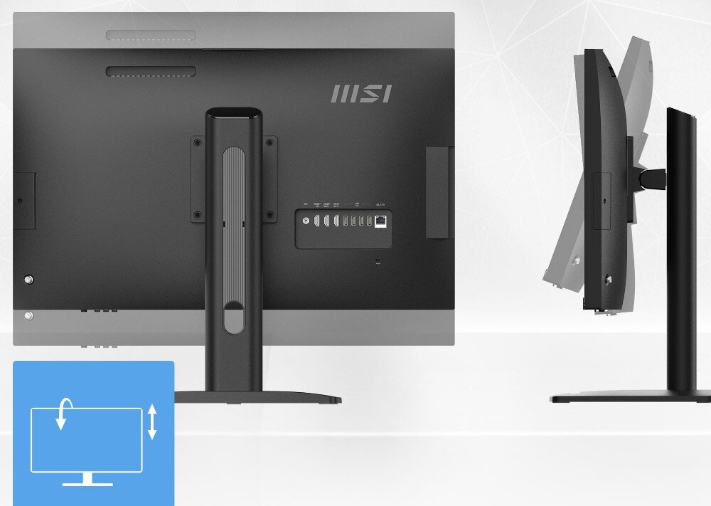 Komputer MSI Modern AM273QP AI 1UM-078EU Tylna obudowa czarnego komputera ze złączami oraz widok z profilu ukazujący zakres odchylenia ekranu, regulowana podstawam wygoda