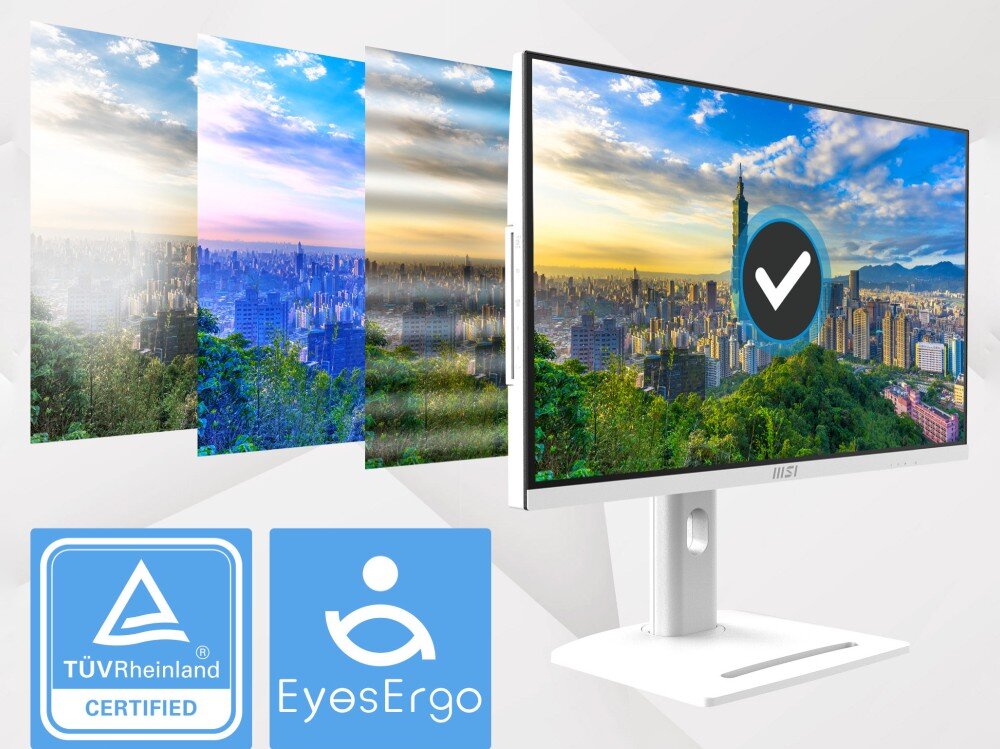 Komputer MSI Modern AM273QP AI 1UM-078EU Ekran monitora wyświetlający krajobraz podzielony na pasy o różnej jasności z logotypami certyfikatów TUV Rheinland i EyesErgo, ochrona wzroku
