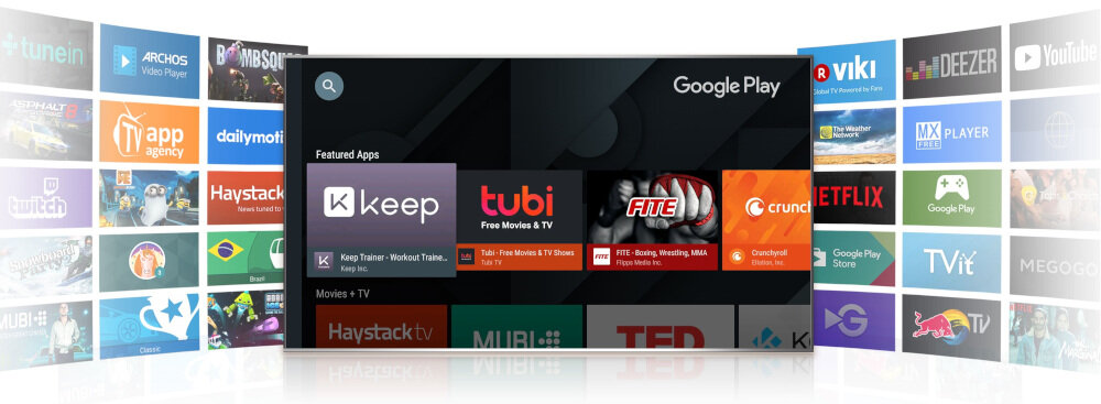 Telewizor TCL 32S4K Android TV Google Cast dostęp do aplikacji filmy programy, telewizor od frontu na białym tle z włączoną aplikacją google play