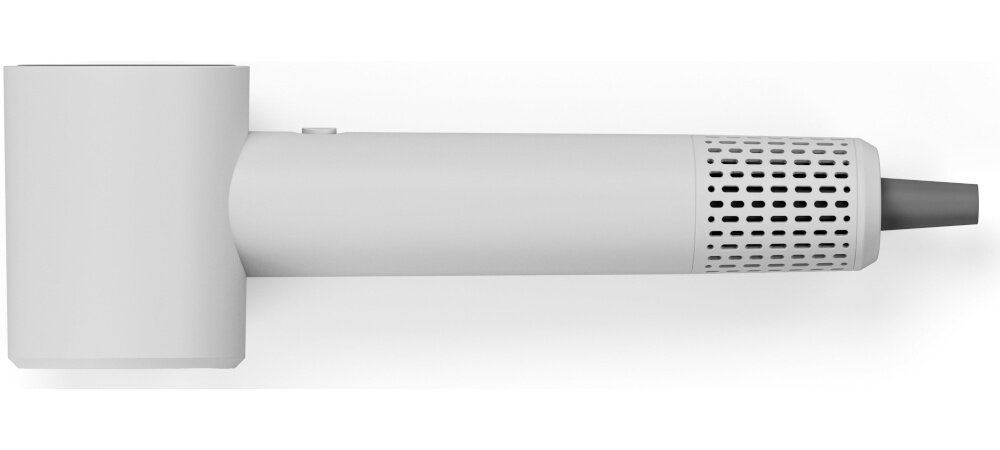 Na obrazie widoczna jest suszarka do włosów w kolorze szarym z cylindrycznym korpusem i kratką wentylacyjną na końcu. Suszarka ma minimalistyczny design bez widocznych oznaczeń producenta.