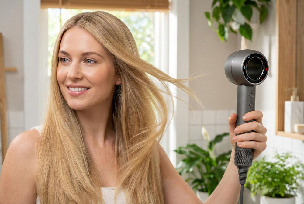 Suszarka BEAUTY ME HD950 1400 W Uśmiechnięta kobieta o blond włosach używa nowoczesnej, ciemnoszarej suszarki BeautyMe HD950 w jasnej łazience.