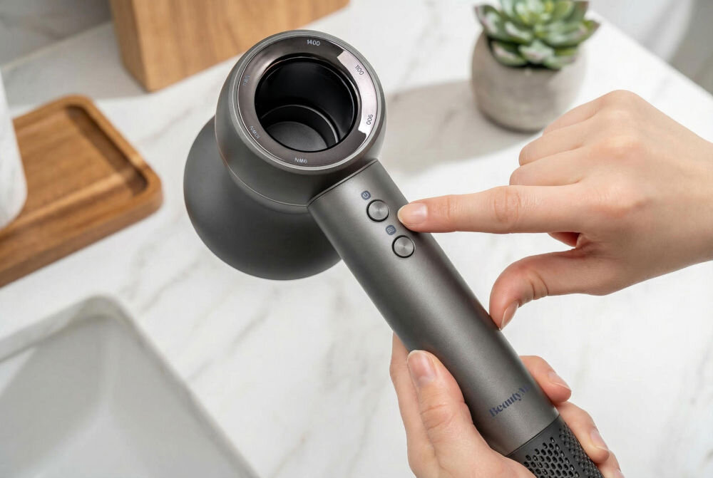 Suszarka BEAUTY ME HD950 1400 W Zbliżenie na panel sterowania i przyciski suszarki BeautyMe HD950 trzymanej w dłoni nad marmurowym blatem.