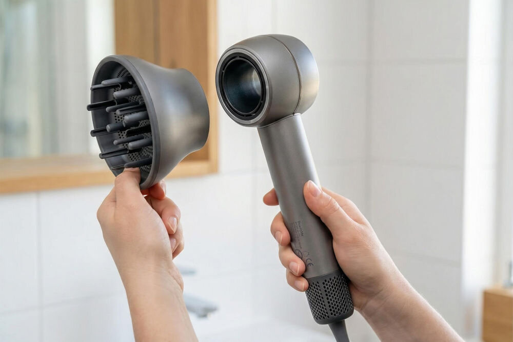 Suszarka BEAUTY ME HD950 1400 W Prezentacja magnetycznego montażu dyfuzora do głowicy bezłopatkowej suszarki BeautyMe HD950.