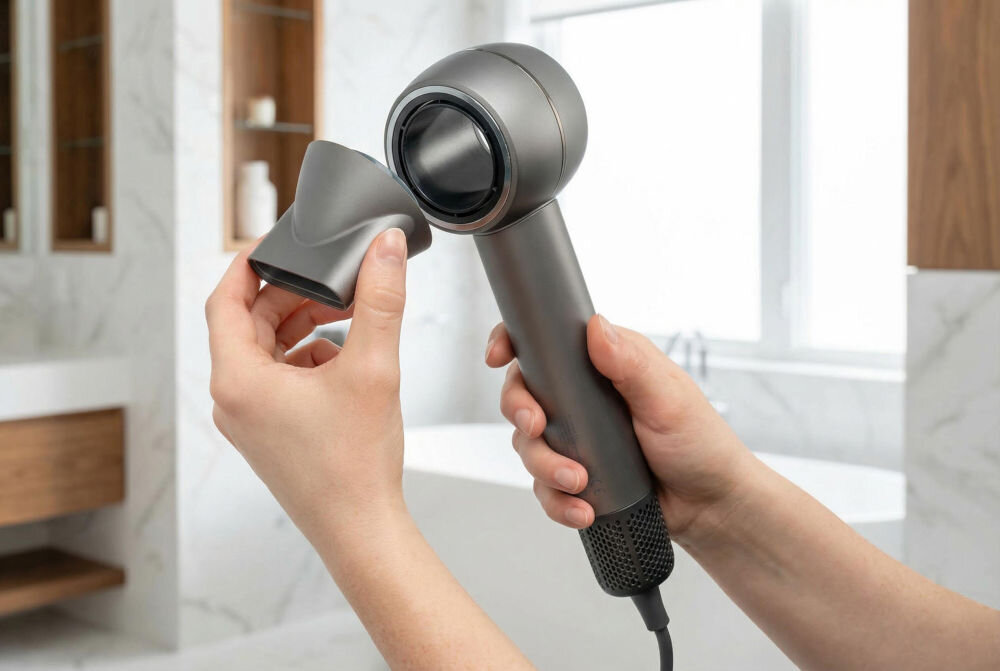 Suszarka BEAUTY ME HD950 1400 W Dłonie mocujące magnetyczny koncentrator do stylizacji na ciemnoszarą obudowę suszarki do włosów BeautyMe.