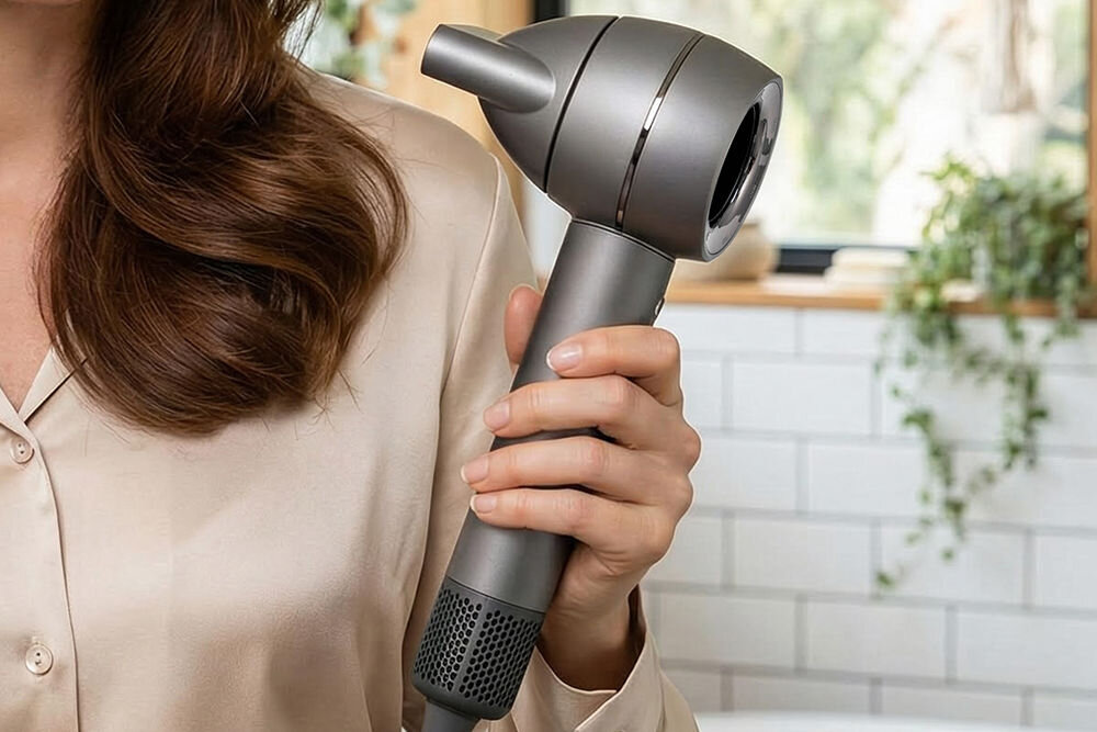 Suszarka BEAUTY ME HD950 1400 W Zbliżenie na ergonomiczny uchwyt i głowicę suszarki BeautyMe HD950 z założoną końcówką do stylizacji włosów.