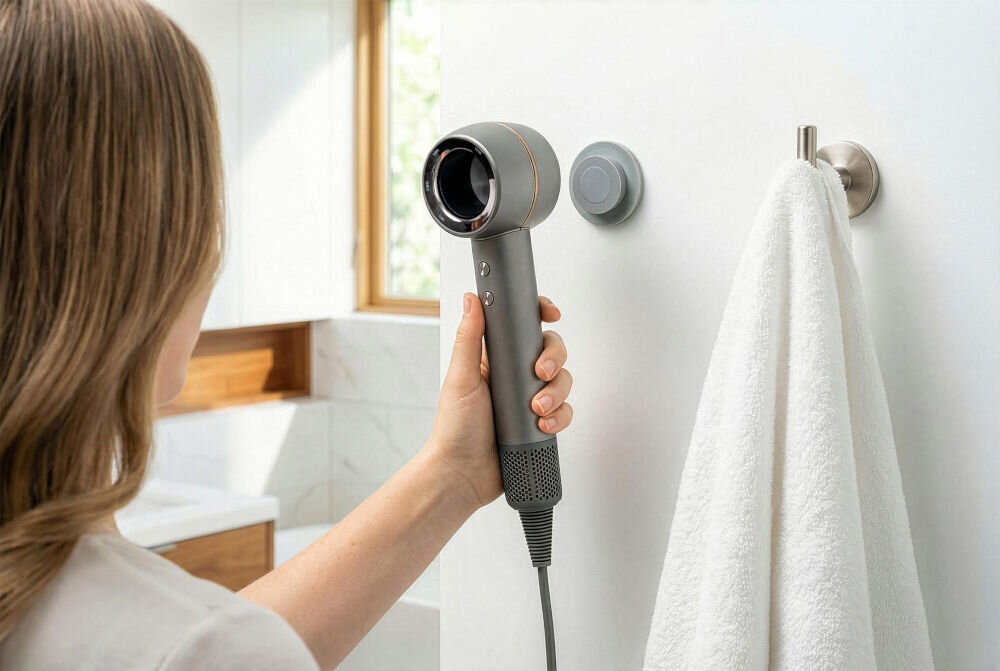 Suszarka BEAUTY ME HD950 1400 W Suszarka BeautyMe HD950 mocowana magnetycznie do uchwytu ściennego w nowoczesnej łazience obok białego ręcznika.