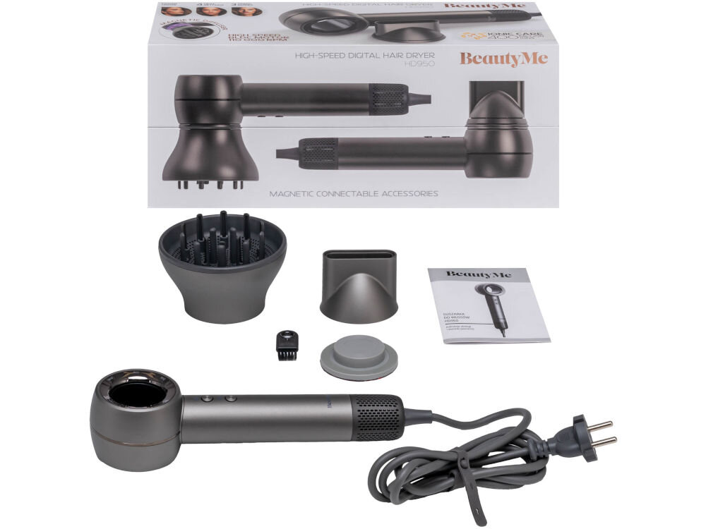 Suszarka BEAUTY ME HD950 1400 W Pełny zestaw suszarki BeautyMe HD950: urządzenie, dyfuzor, koncentrator, czyścik, uchwyt magnetyczny, instrukcja i oryginalne opakowanie.