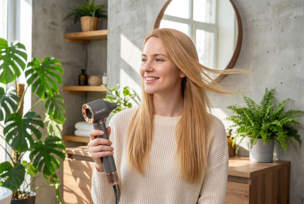 Suszarko-lokówka BEAUTYME AS950 Opakowanie suszarko-lokówki Beautyme AS950 w kolorze fioletowym. Na pudełku widoczne główne funkcje urządzenia: obrotowa szczotka, moc 1000 W oraz funkcja jonizacji zapewniająca gładkie i lśniące włosy.