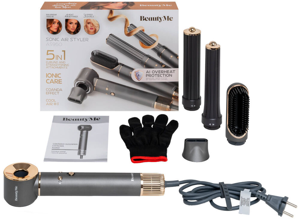 Suszarko-lokówka BEAUTYME AS950 Kolaż przedstawiający główne zalety suszarko-lokówki Beautyme: wysoką moc 1000 W dla szybkiego suszenia oraz zaawansowaną funkcję jonizacji, która eliminuje elektryzowanie się włosów i domyka ich łuski.