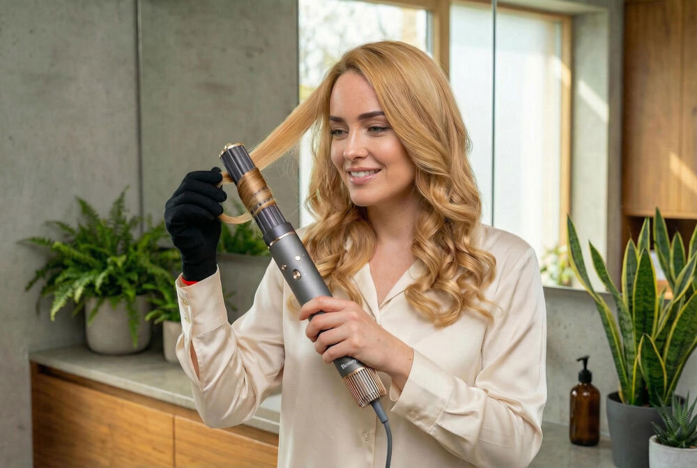 Suszarko-lokówka BEAUTYME AS950 Kobieta o blond włosach używająca obrotowej suszarko-lokówki Beautyme do modelowania fryzury. Urządzenie unosi włosy u nasady, nadając im objętość i naturalny blask podczas suszenia.