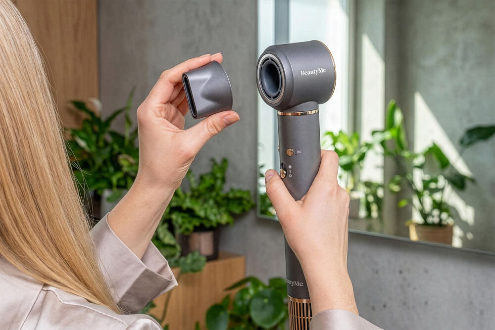 Suszarko-lokówka BEAUTYME AS950 Suszarko-lokówka Beautyme z nałożoną plastikową osłoną ochronną na dużą szczotkę. Osłona zabezpiecza włosie przed odkształceniem podczas przechowywania urządzenia w szafce lub podróży.