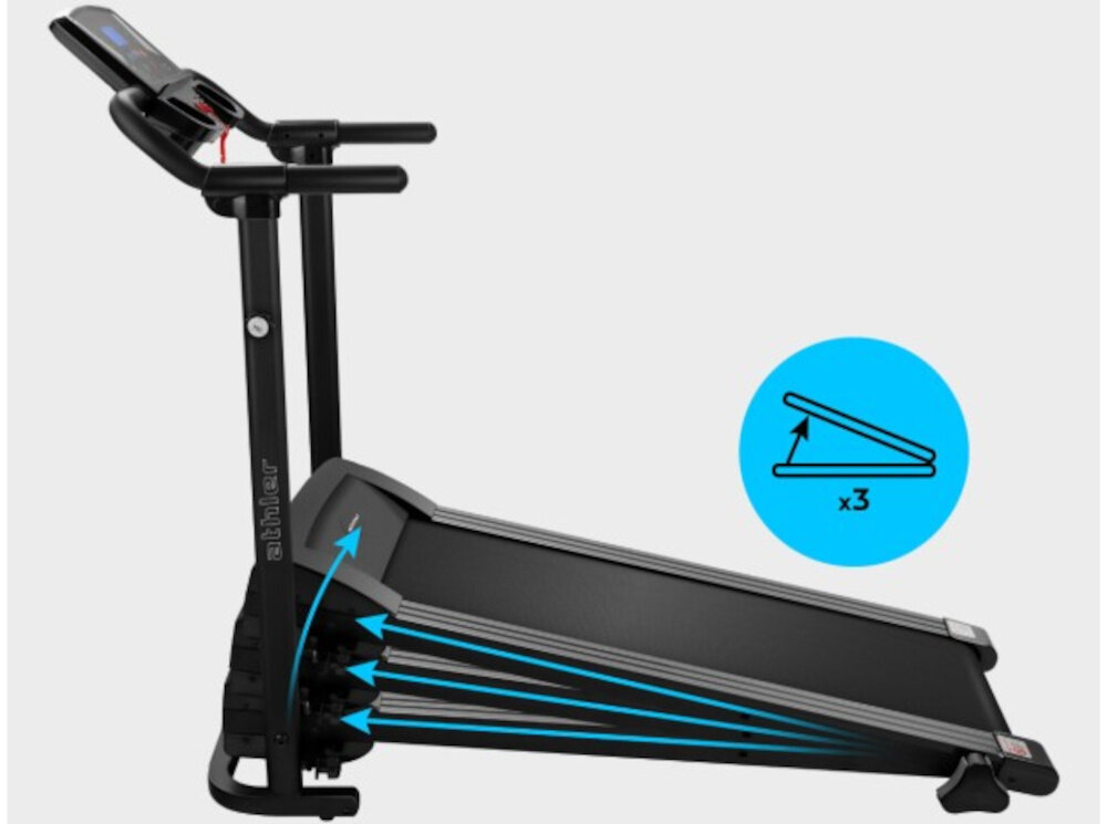 Bieżnia elektryczna ATHLER Impala 30 1118W 12km-h bieżnia na białym tle widoczna z boku obok w niebieskim kółku rysunek pokazujący nachylenie pasa biegowego 12 programów ze zmiennym tempem tryby manualne odliczania czasu kalorii i dystansu 12 trybów automatycznych regularność treningów wspiera utrzymanie motywacji pas bieżny ma regulowane nachylenie w zakresie od 5,6 do 8%