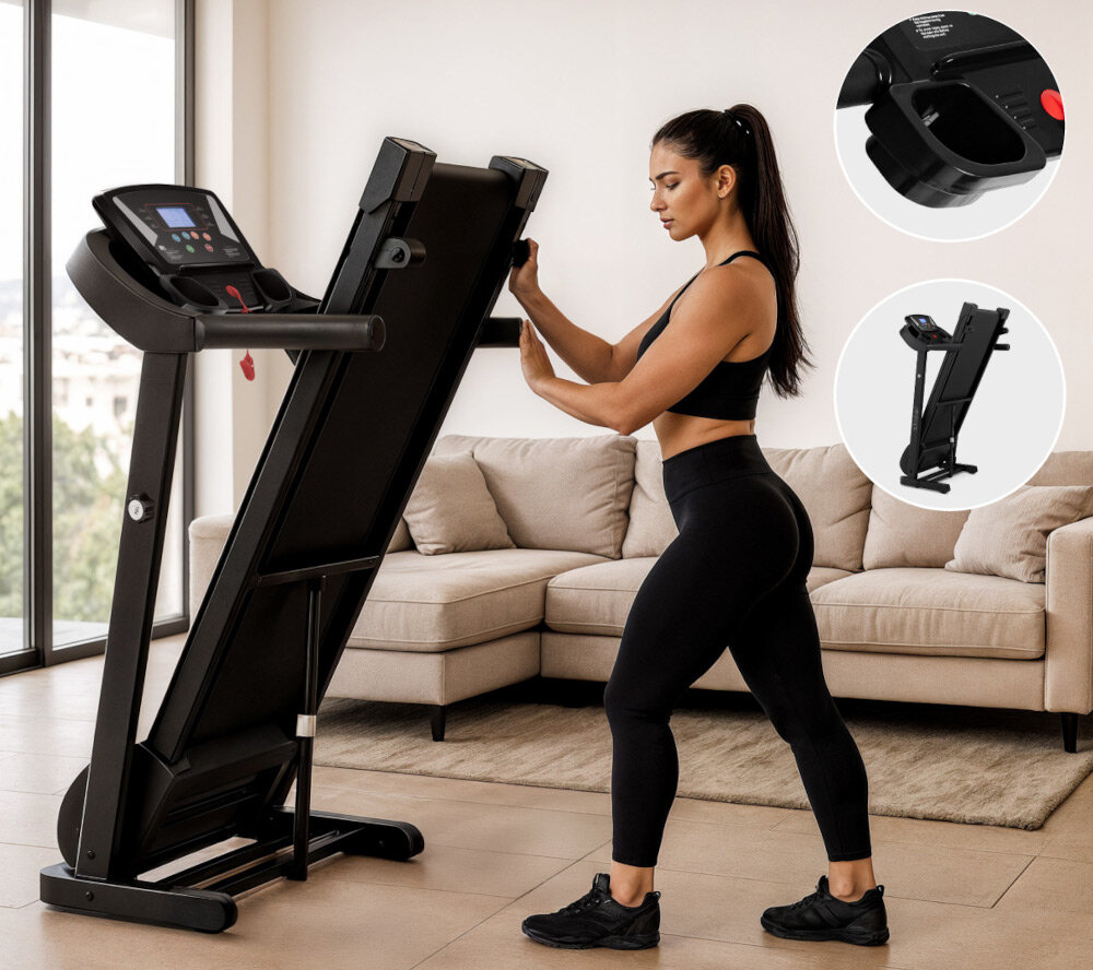 Bieżnia elektryczna ATHLER Impala 30 1118W 12km-h pokój kanapa okno osoba składa bieżnię obok w kółku zbliżenie na uchwyt na butelkę i złożoną bieżnię system szybkiego składania niewielkie wymiary po złożeniu (52,5 × 62,5 × 123,5 cm) rolki transportowe nie wymaga montażu ani skomplikowanej konfiguracji