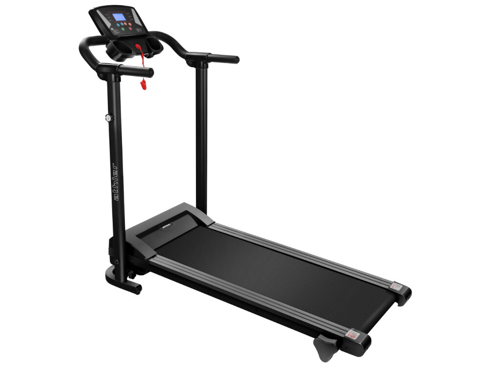 Bieżnia elektryczna ATHLER Impala 30 1118W 12km-h bieżnia na białym tle widoczna od tyłu pod skosem dwa uchwyty na butelkę bidon lub telefon wszystkie akcesoria są pod ręką pas bieżny wykonany jest z materiałów o niskiej ścieralności stabilna i wytrzymała