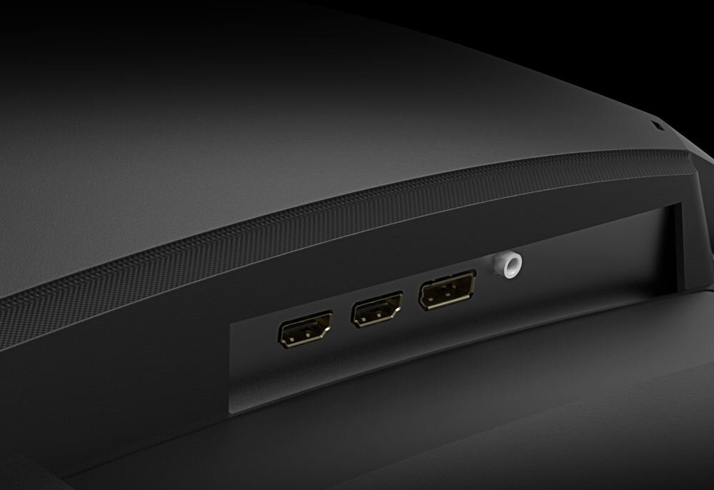 Monitor GIGABYTE GS32QCA 31.5 cala 2560x1440px 180Hz 1 ms [MPRT] Curved prezentacja portów i gniazd znajdujących się z tyłu obudowy dwa porty HDMI jedno złącze DisplayPort gniazdo audio elastyczne korzystanie z różnych źródeł sygnału