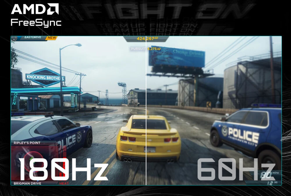 Monitor GIGABYTE GS32QCA 31.5 cala 2560x1440px 180Hz 1 ms [MPRT] Curved prezentacja monitora na ekranie gra samochodowa porównanie 1800 Hz i 60 Hz rozdzielczość QHD częstotliwość odświeżania 180 Hz płynne wyświetlanie obrazu bez zacięć AMD FreeSync redukuje efekt rozrywania skupienie komfort