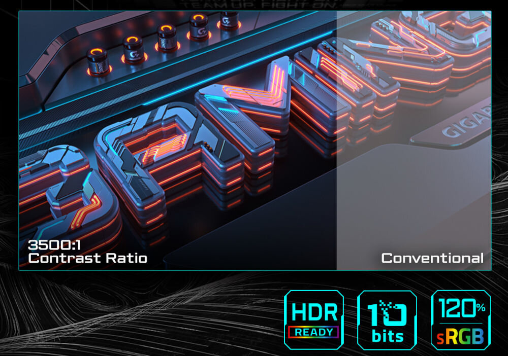 Monitor GIGABYTE GS32QCA 31.5 cala 2560x1440px 180Hz 1 ms [MPRT] Curved prezentacja monitora na ekranie porównanie współczynnika kontrastu 3500:1 i standardowego HDR 10-bitowa głębia kolorów 120% sRGB ciemne i jasne obszary ekranu lepiej widoczne czytelność bogactwo barw