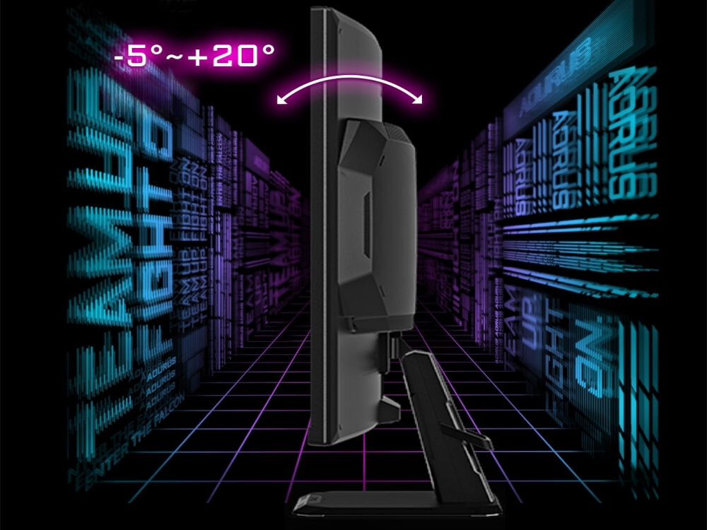 Monitor GIGABYTE GS32QCA 31.5 cala 2560x1440px 180Hz 1 ms [MPRT] Curved prezentacja monitora od boku pokazanie możliwości regulacji nachylenia ekranu zakres od -5° do 20° dostosowanie ustawień do własnych preferencji redukuje obciążenie szyi i ramion